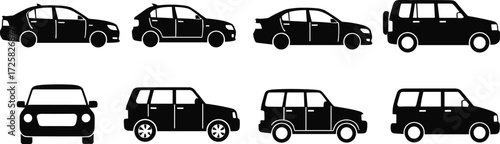 Car silhouette vector set, black vehicle icons, sedan and SUV side views, front view car shapes, automotive clipart, transport illustration
