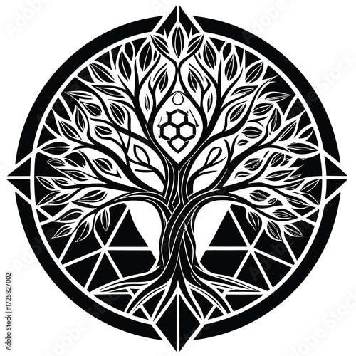 Intricate tree of life sacred geometry line art design with celestial and organic elements