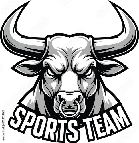 Ggressive bull head, sports team mascot with ring and horns