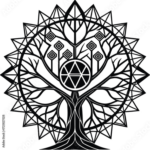 Intricate tree of life sacred geometry line art design with vibrant color elements