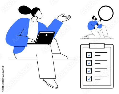 Woman with laptop gesturing, checklist with tick marks, and man analyzing details with magnifying glass. Ideal for teamwork, project planning, productivity, data review, task prioritization