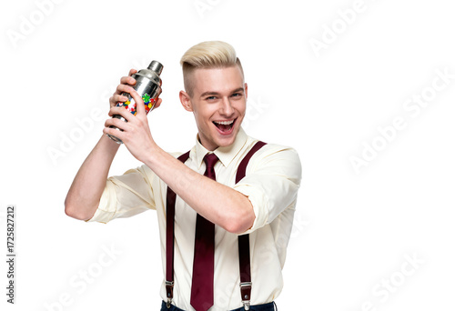Stylish bartender shaking cocktail, isolated on white backdrop for bar ads.
