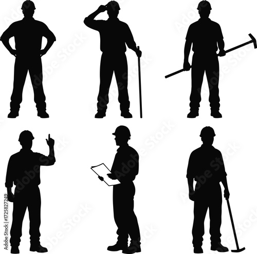 Construction worker silhouettes, hard hat laborers, industrial poses, vector illustration for safety, teamwork, tools, site inspection, engineering, and manual work themes