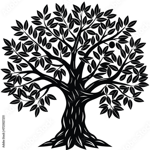 Monochromatic illustration of a solitary olive tree with intricate branches and a detailed trunk rendered in a classic black and white vector style