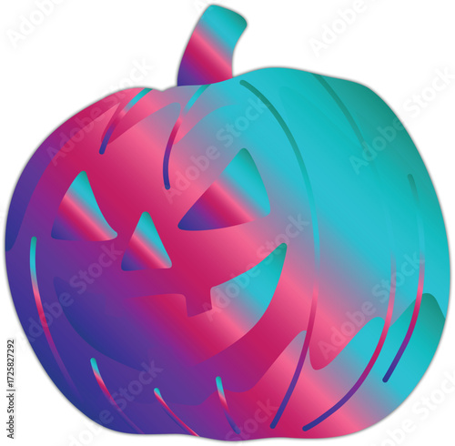 Vibrant jack-o’-lantern glowing in neon pink and cyan gradients, blending spooky Halloween vibes with futuristic cyberpunk style for bold festive designs.