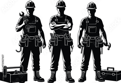 Construction workers silhouette, teamwork in hard hats, tool belt professionals, industrial labor crew, black and white vector, toolbox, wrench, hammer, pliers