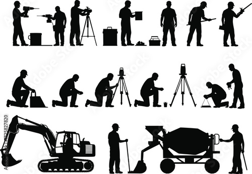 Construction workers, excavator, concrete mixer, surveying tools, site labor, industrial equipment, silhouette vector set for building, engineering, and infrastructure illustrations