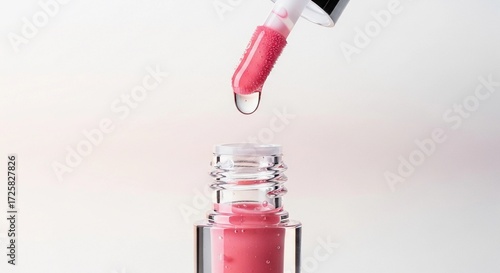 A dropper releasing pink lip oil into a clear glass bottle. The product showcases a glossy, dewy finish, emphasizing clean beauty and hydration.