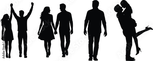 Couple silhouette vector, romantic poses, love illustration, man and woman, relationship concept, walking together, lifting embrace, black isolated figures
