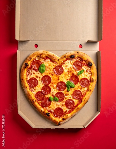 Heart-shaped pizza in a cardboard box