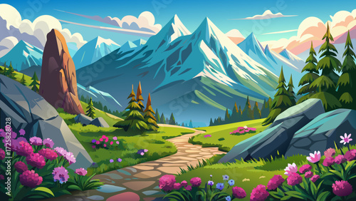 Splendid Sunny Landscape in Mountains. Fairytale Valley on Alpine highlands, with fresh Flowers Rhododendron. Amazing Natural Background. Wonderful Spring Scenery with Rock Peak under