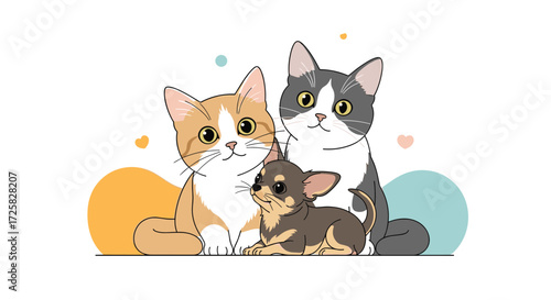 A heartwarming moment with a cat family and their tiny dog friend.