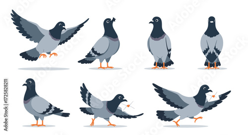 A collection of diverse pigeon poses in pixel art style.