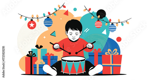 A young child plays a drum surrounded by gifts and festive decorations.