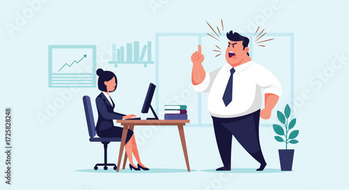 An angry boss yells at an employee in the office.