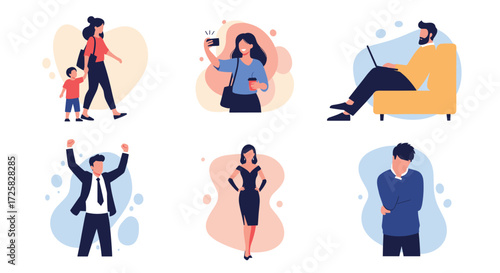 A collection of diverse people experiencing various emotions and activities.