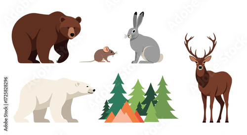 A collection of forest and arctic animals in a colorful illustration.