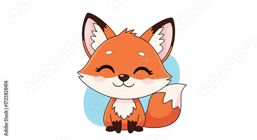 A cute little fox with a fluffy tail is smiling happily.