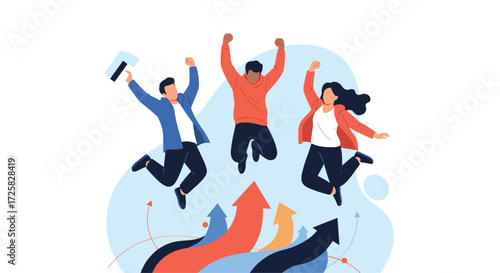 Three excited people jumping with joy celebrating success and growth with arrows pointing upwards.