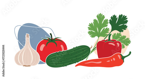 A vibrant assortment of fresh vegetables and herbs artistically arranged.