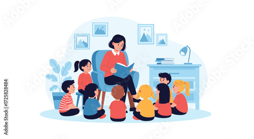A teacher reading a book to a group of attentive young children during a story time session.