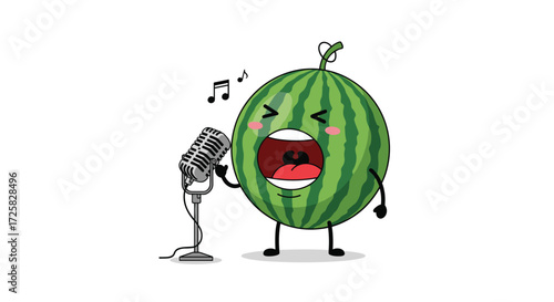 A singing watermelon is performing on stage with a microphone.