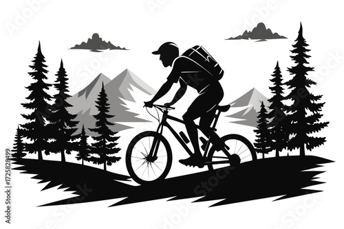 Mountain biker silhouette against a backdrop of trees and mountains