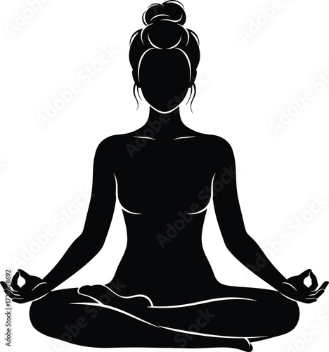 Meditation silhouette, yoga pose, woman in lotus position, mindfulness practice, spiritual calm, vector illustration, bun hairstyle, mudra gesture, inner peace