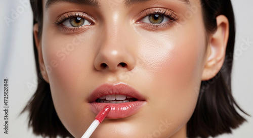 A young Caucasian woman with short dark hair applies tinted lip oil to her lips. She has a dewy finish and a natural glow, showcasing a skincare-makeup hybrid.
