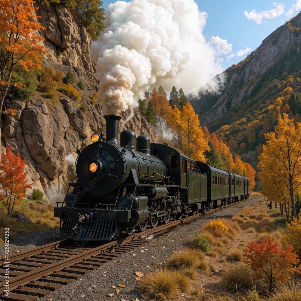 Obraz premium An enchanting journey of a vintage steam locomotive as it majestically traverses an autumn-kissed mountain valley, where the vibrant foliage paints a breathtaking landscape