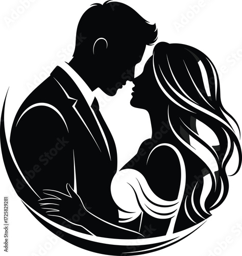 Romantic couple silhouette, elegant man and woman pose, love embrace, black and white vector art, emotional connection, wedding, passion, intimacy
