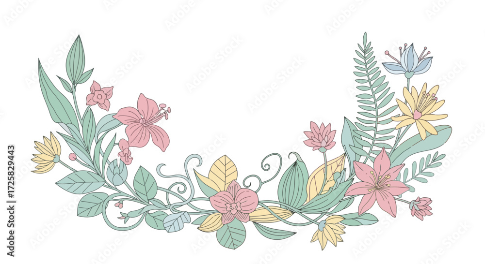 Obraz premium Pastel floral arrangement with pink, yellow, and blue flowers and green leaves.