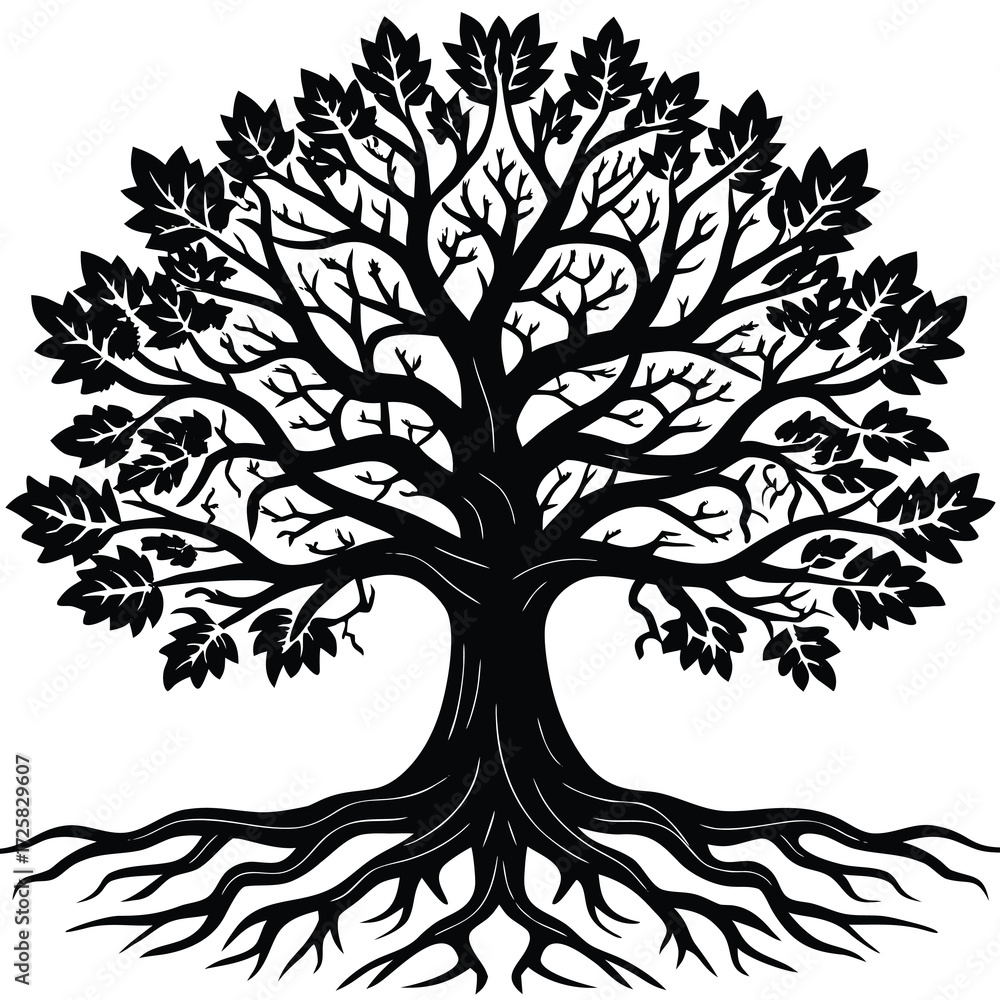 Obraz premium Detailed illustration of a mature oak tree with its extensive root system exposed presented in a classic black and white style