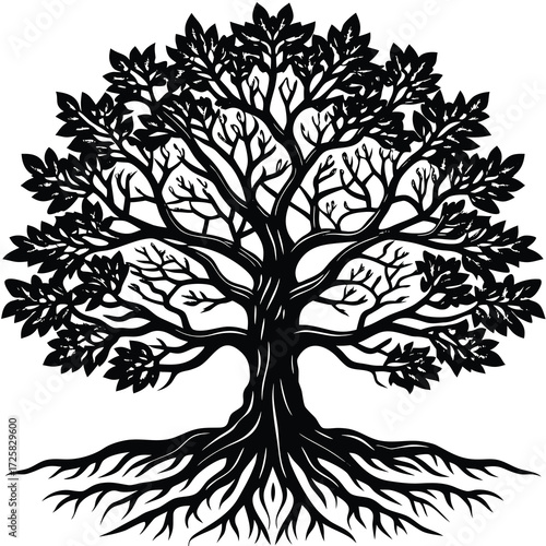 Detailed illustration of an ancient oak tree with its root system exposed presented in a striking black and white graphic style