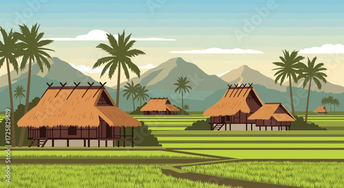 A serene rural village with traditional thatched-roof stilt houses nestled among lush green rice paddies and palm trees, with mountains in the background.