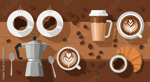 A flat lay of various coffee drinks, a croissant, and a moka pot on a wooden surface with scattered coffee beans.