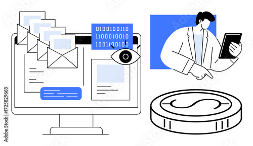 Emails, binary code, and surveillance icon on a monitor, person using a tablet, and cryptocurrency coin. Ideal for technology, cryptocurrency, email security, remote work digital communication IT
