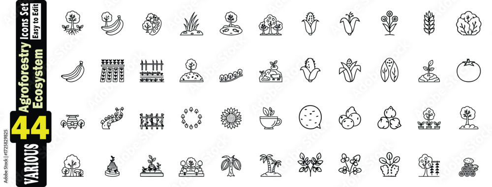 Obraz premium Agroforestry Ecosystem Icon Set. Editable Line art Icons. 44 Vector Graphics agroforestry, ecosystem, trees, plants, banana, corn, wheat, illustration. 