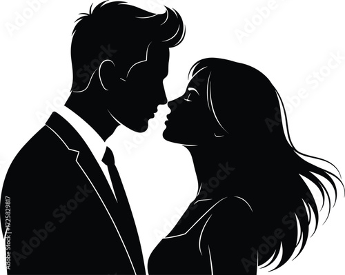 Romantic couple silhouette, man in suit and woman with long hair, intimate pose, love moment, vector illustration for Valentine, wedding, relationship themes