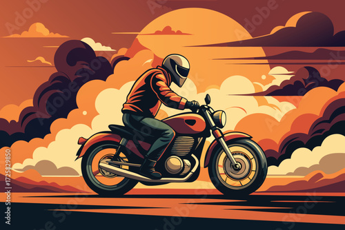 Man riding a motorcycle at sunset with dramatic clouds