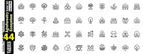 Agroforestry Ecosystem Icon Set. 44 editable line art Vector Graphics. These vector pictograms of an agroforestry ecosystem, trees, plants, bushes, leaves, and saplings are illustrated. 