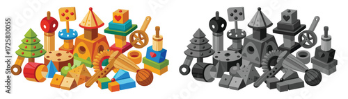 Assorted colorful and grayscale wooden toy blocks forming whimsical structures and objects illustration. 