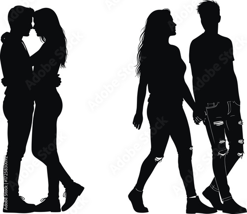 Romantic couple silhouette, walking hand in hand, intimate moment, love pose, relationship vector, black shadow art, affectionate people, dating illustration
