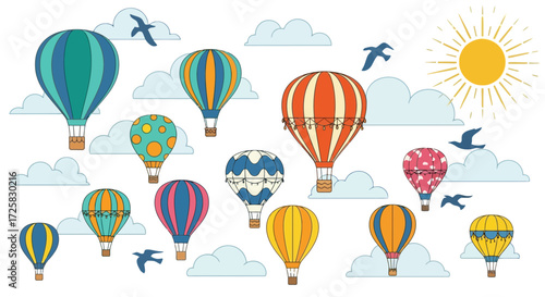 A vibrant illustration of numerous colorful hot air balloons floating gracefully across a bright, cloudy sky with birds and a shining sun.