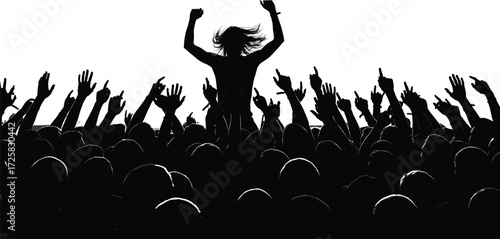 Silhouette crowd at concert, raised hands, music fans cheering, energetic atmosphere, live event, celebration, youth culture, black and white vector