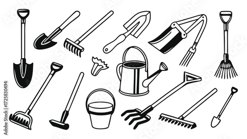 Farming and Garden Tools, shovel, spade, Black and White Line art Icons of fork, hoe, trowel, watering can, bucket, garden tools, farming equipment, agricultural tools, illustration. 