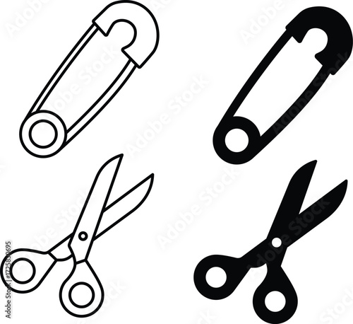 Safety Pin and Scissors Icon – Sewing Tool, Tailoring Craft Symbol Vector and vector silhouette..eps