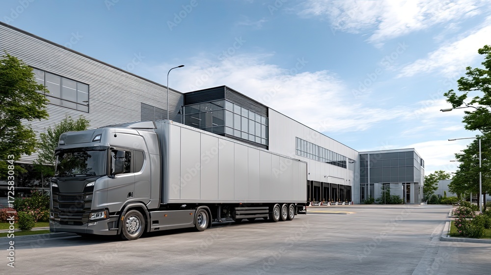 Fototapeta premium A large delivery truck is parked beside a modern building in a busy industrial area, showcasing a clear blue sky above