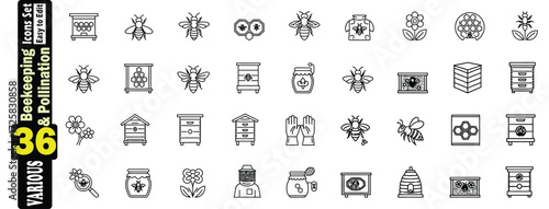 Beekeeping and Pollination Icons Set. Bees and Honeycomb Elements hive, honey, apiary, insect, nature, agriculture, farming, organic, sweet, food, drink, collection, set, icons, symbols, illustration.