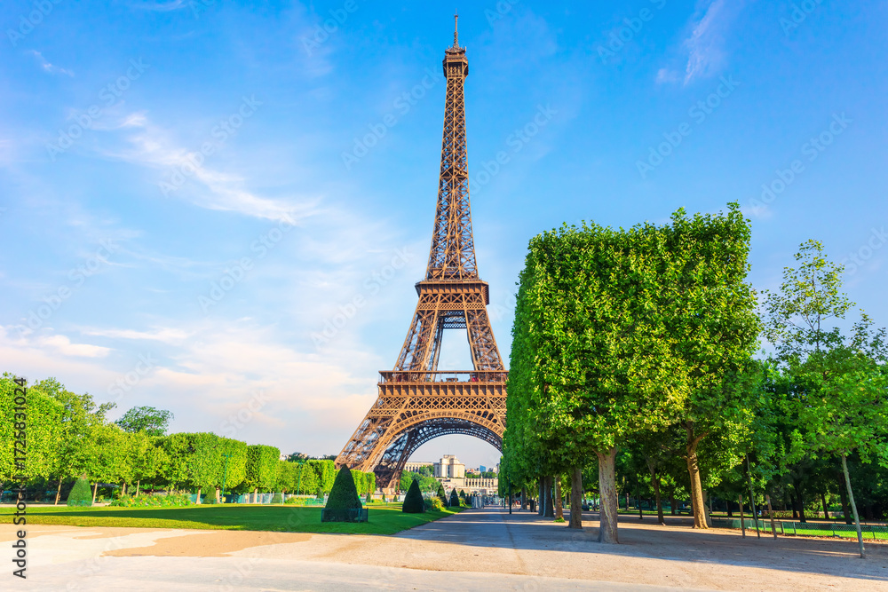 Fototapeta premium Symbol of Paris, beautiful Eiffel Tower from Field of Mars, France